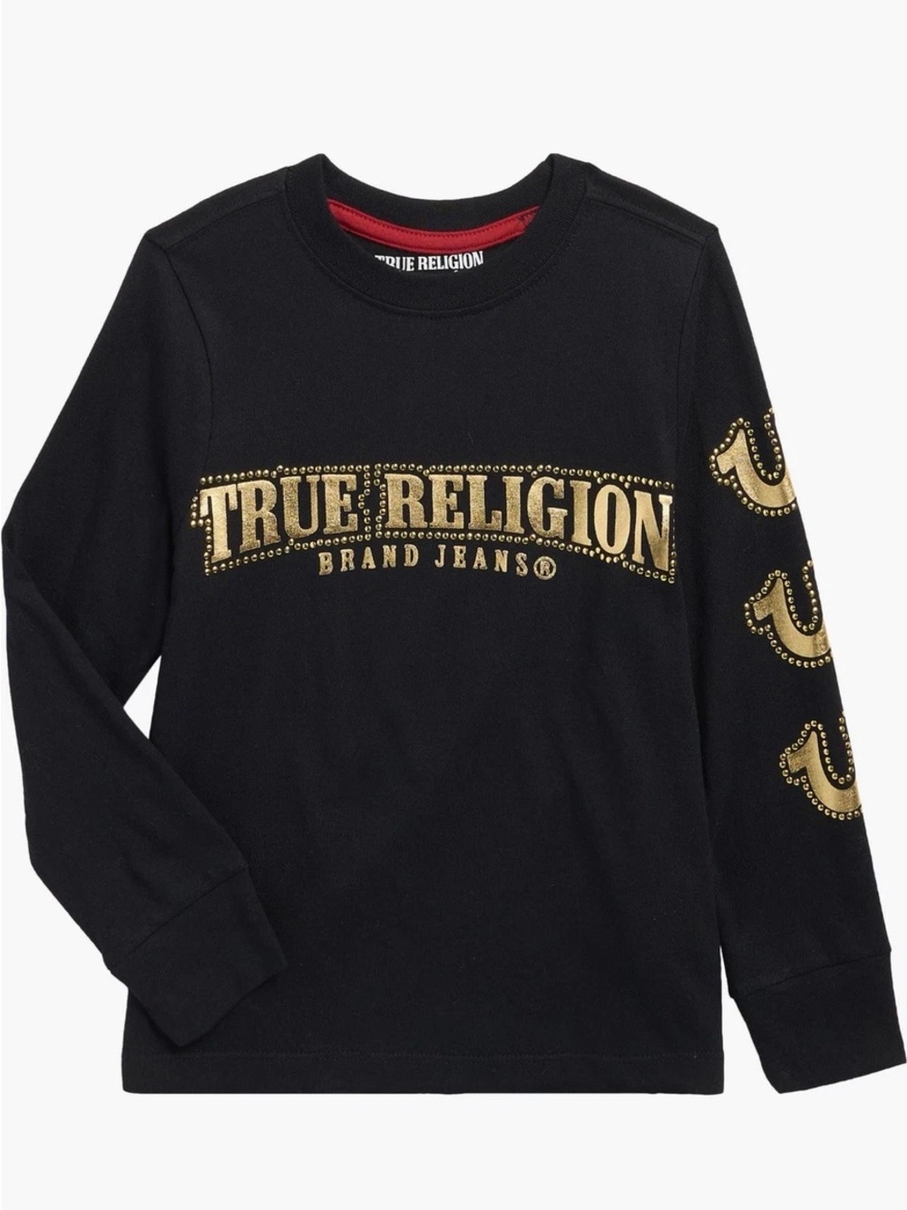 NWT True Religion Boys Black Gold Logo Long Sleeve Tee Size M (5/6)